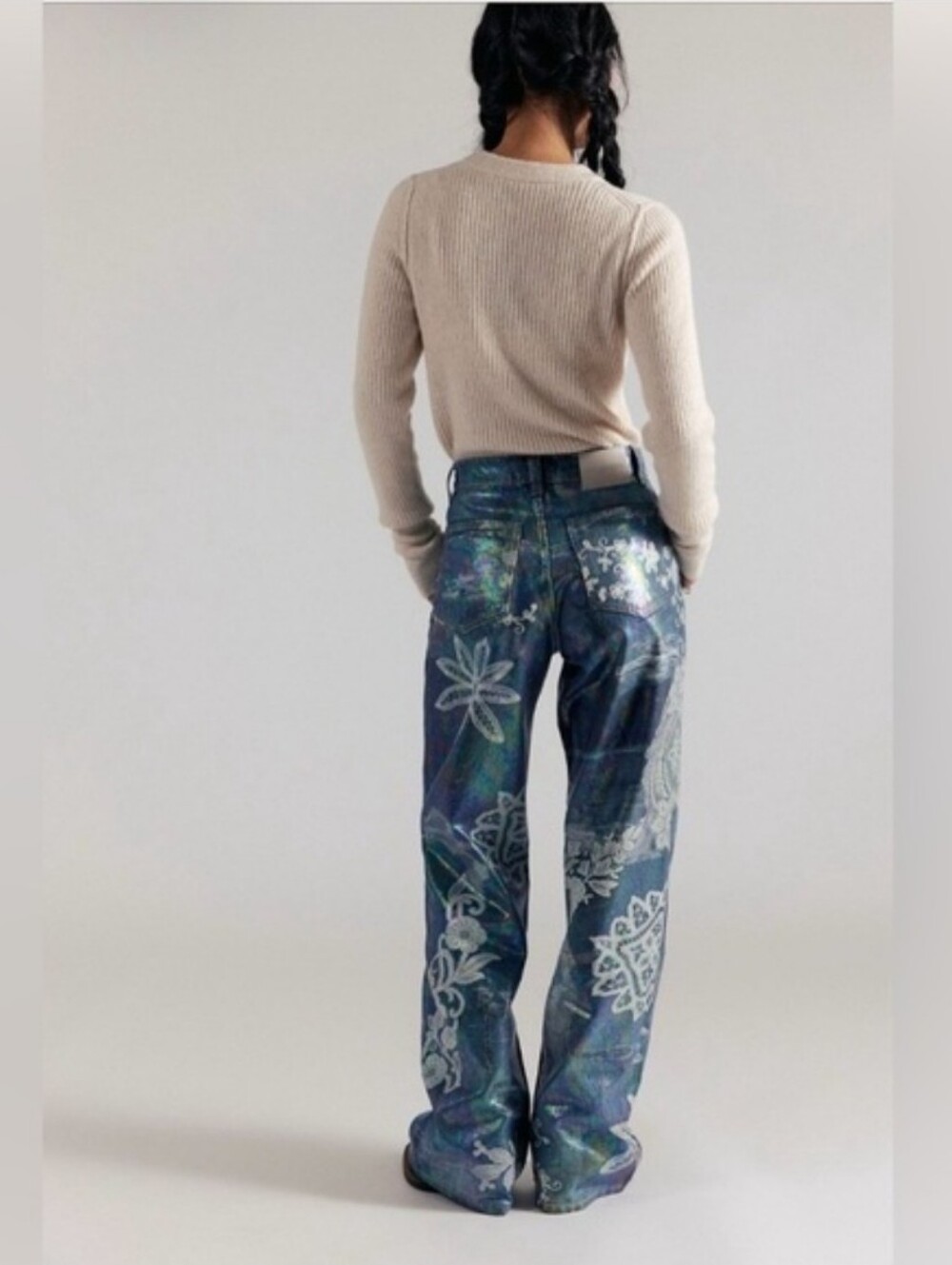 NWT Free People Tinsley Blue Floral High-Rise Printed Jeans - Picture 3 of 9